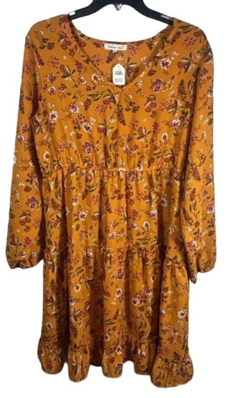 Indigo Soul Long Sleeve Floral V-Neck Tiered Ruffle Mini Dress Mustard Yellow